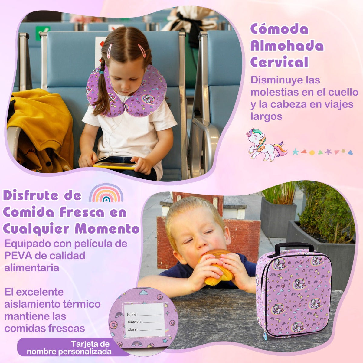 Juego de Equipaje para Niños de 5 Piezas con Ruedas Mochila Almohada para Cuello Etiqueta de Equipaje y Bolsa de Almuerzo Rosa Oscuro
