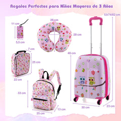 Juego de Equipaje para Niños de 5 Piezas con Ruedas Mochila Almohada para Cuello Etiqueta de Equipaje y Bolsa de Almuerzo Rosa Claro
