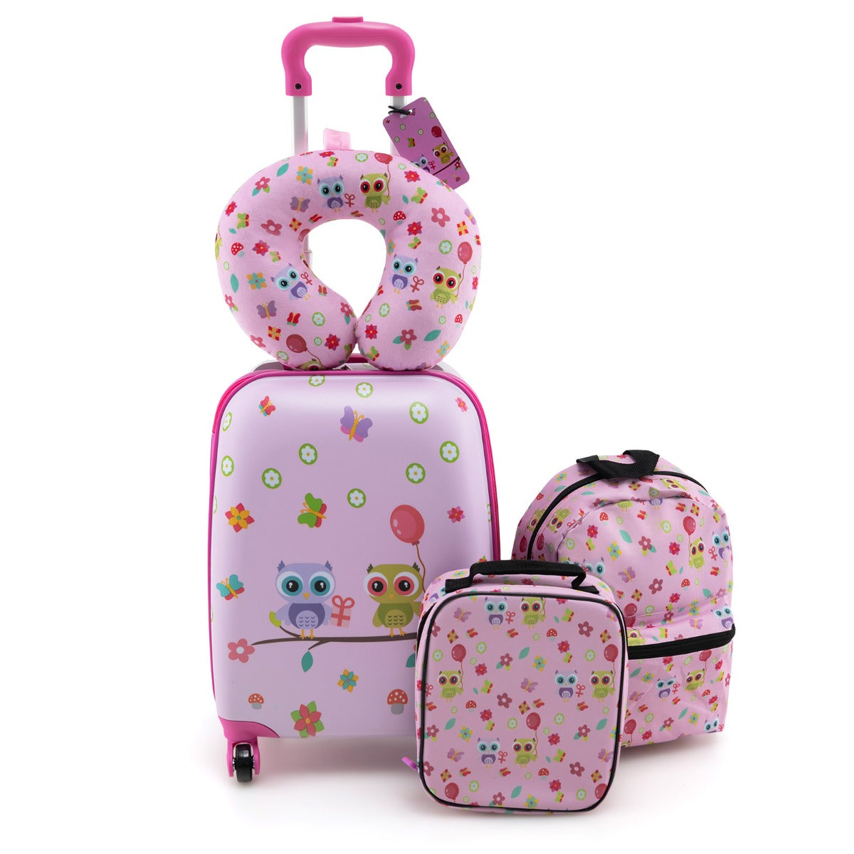 Juego de Equipaje para Niños de 5 Piezas con Ruedas Mochila Almohada para Cuello Etiqueta de Equipaje y Bolsa de Almuerzo Rosa Claro