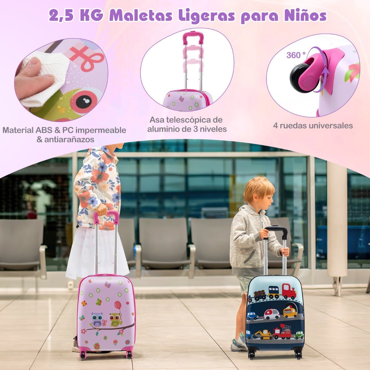 Juego de Equipaje para Niños de 5 Piezas con Ruedas Mochila Almohada para Cuello Etiqueta de Equipaje y Bolsa de Almuerzo Rosa Claro