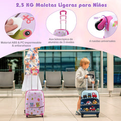 Juego de Equipaje para Niños de 5 Piezas con Ruedas Mochila Almohada para Cuello Etiqueta de Equipaje y Bolsa de Almuerzo Rosa Claro