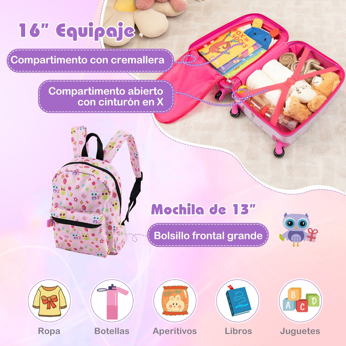 Juego de Equipaje para Niños de 5 Piezas con Ruedas Mochila Almohada para Cuello Etiqueta de Equipaje y Bolsa de Almuerzo Rosa Claro