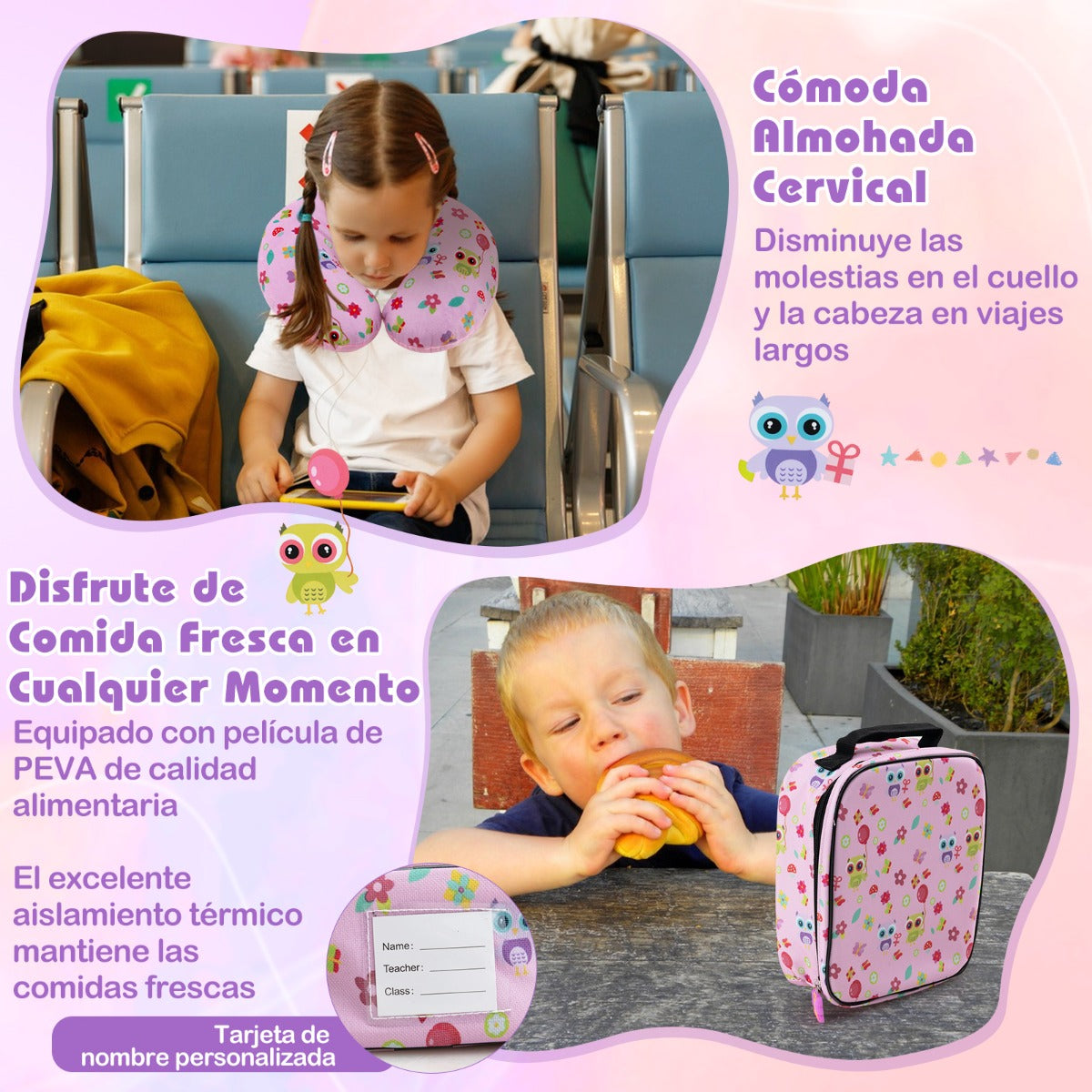 Juego de Equipaje para Niños de 5 Piezas con Ruedas Mochila Almohada para Cuello Etiqueta de Equipaje y Bolsa de Almuerzo Rosa Claro