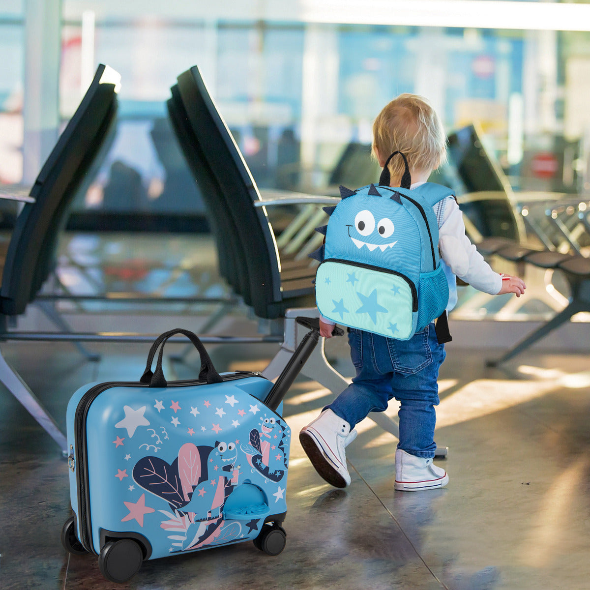 Juego de Equipaje para Niños 2 Piezas con Ruedas Giratorias Maleta 18” para Montar Llevar Mochila 12” Equipaje de Avión de Viaje Azul