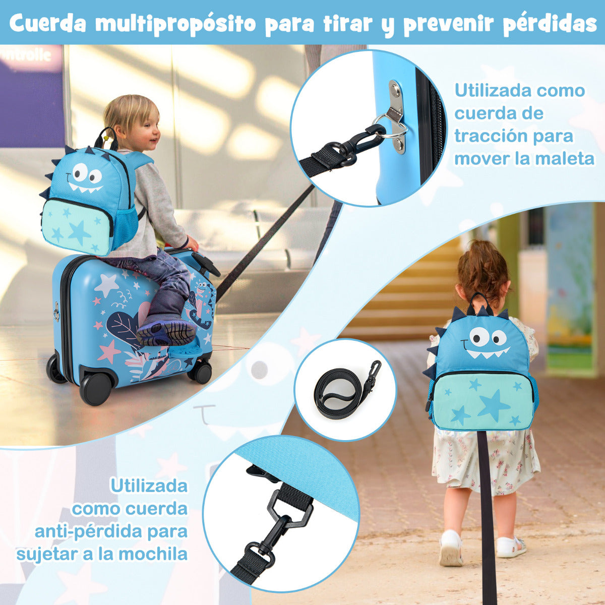 Juego de Equipaje para Niños 2 Piezas con Ruedas Giratorias Maleta 18” para Montar Llevar Mochila 12” Equipaje de Avión de Viaje Azul