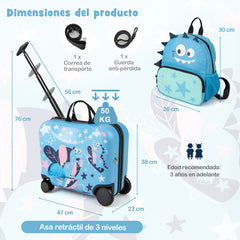 Juego de Equipaje para Niños 2 Piezas con Ruedas Giratorias Maleta 18” para Montar Llevar Mochila 12” Equipaje de Avión de Viaje Azul