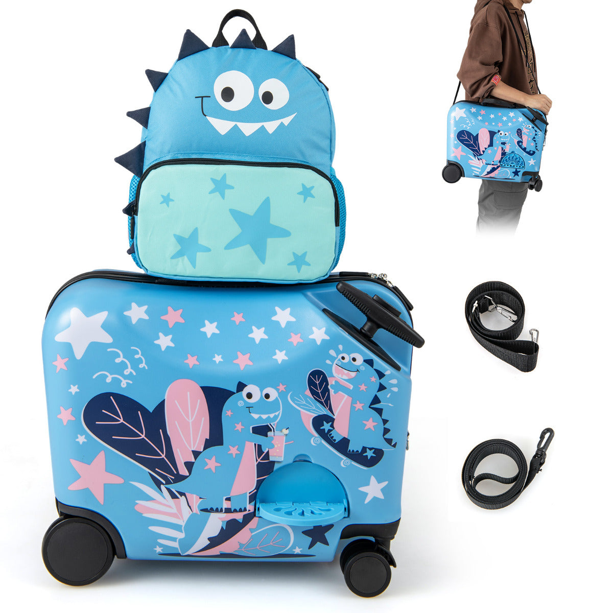 Juego de Equipaje para Niños 2 Piezas con Ruedas Giratorias Maleta 18” para Montar Llevar Mochila 12” Equipaje de Avión de Viaje Azul