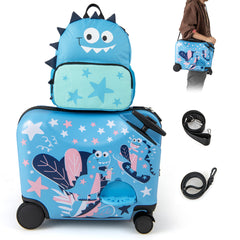 Juego de Equipaje para Niños 2 Piezas con Ruedas Giratorias Maleta 18” para Montar Llevar Mochila 12” Equipaje de Avión de Viaje Azul