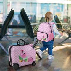 Juego de Equipaje para Niños 2 Piezas con Ruedas Giratorias Maleta 18” para Montar Llevar Mochila 12” Equipaje de Avión de Viaje Rosa