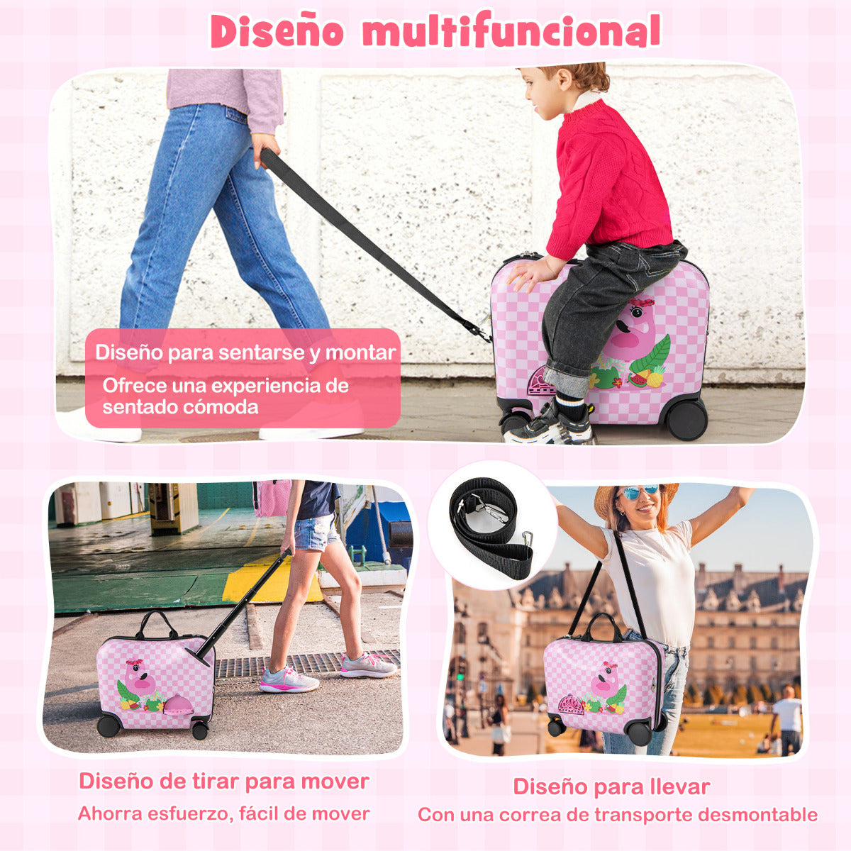Juego de Equipaje para Niños 2 Piezas con Ruedas Giratorias Maleta 18” para Montar Llevar Mochila 12” Equipaje de Avión de Viaje Rosa
