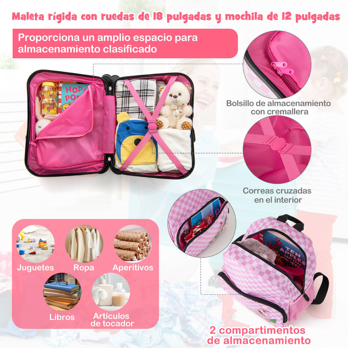 Juego de Equipaje para Niños 2 Piezas con Ruedas Giratorias Maleta 18” para Montar Llevar Mochila 12” Equipaje de Avión de Viaje Rosa