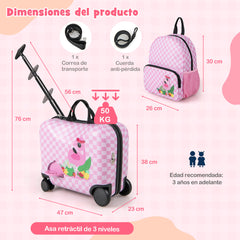 Juego de Equipaje para Niños 2 Piezas con Ruedas Giratorias Maleta 18” para Montar Llevar Mochila 12” Equipaje de Avión de Viaje Rosa