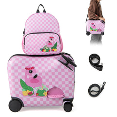 Juego de Equipaje para Niños 2 Piezas con Ruedas Giratorias Maleta 18” para Montar Llevar Mochila 12” Equipaje de Avión de Viaje Rosa