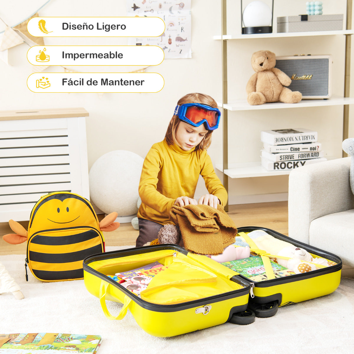 Juego de Equipaje para Niños de 2 Piezas Maleta Montable 18" y Mochila 12" con Ruedas Cáscara Dura Impermeable Rodante de Viaje Amarillo