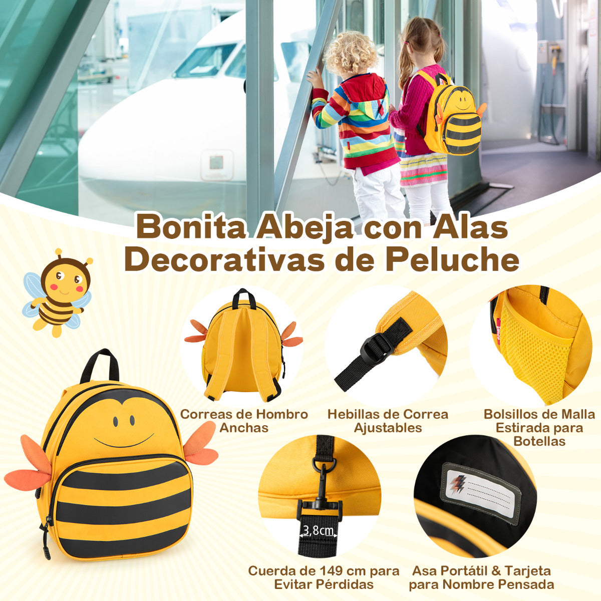 Juego de Equipaje para Niños de 2 Piezas Maleta Montable 18" y Mochila 12" con Ruedas Cáscara Dura Impermeable Rodante de Viaje Amarillo
