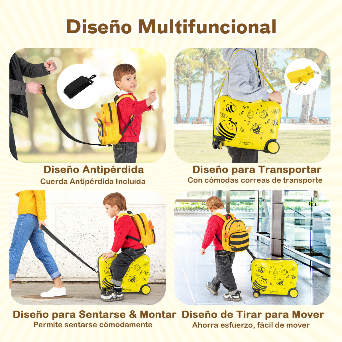 Juego de Equipaje para Niños de 2 Piezas Maleta Montable 18" y Mochila 12" con Ruedas Cáscara Dura Impermeable Rodante de Viaje Amarillo