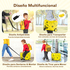 Juego de Equipaje para Niños de 2 Piezas Maleta Montable 18" y Mochila 12" con Ruedas Cáscara Dura Impermeable Rodante de Viaje Amarillo