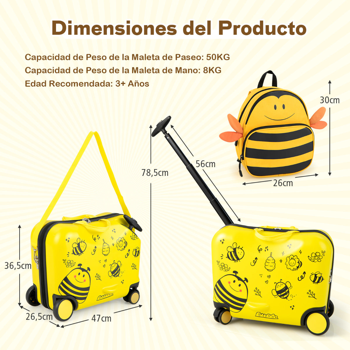 Juego de Equipaje para Niños de 2 Piezas Maleta Montable 18" y Mochila 12" con Ruedas Cáscara Dura Impermeable Rodante de Viaje Amarillo