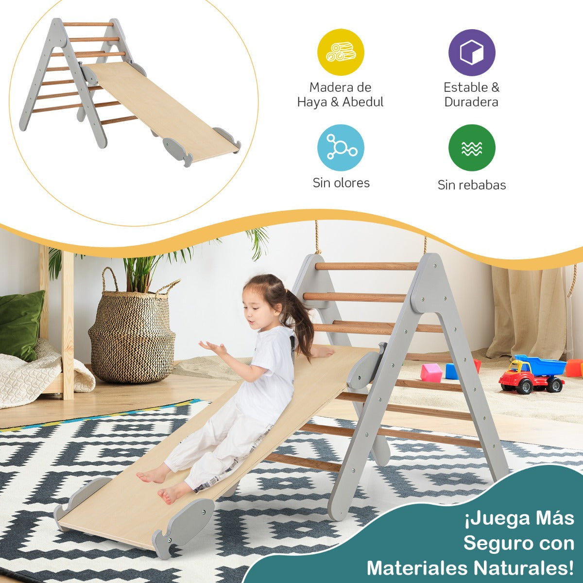 3 en 1 Triángulo de Escalada con Rampa Ajustable para Escalar y Deslizarse Escalador Triangular de Madera Juguetes para Niños Gris