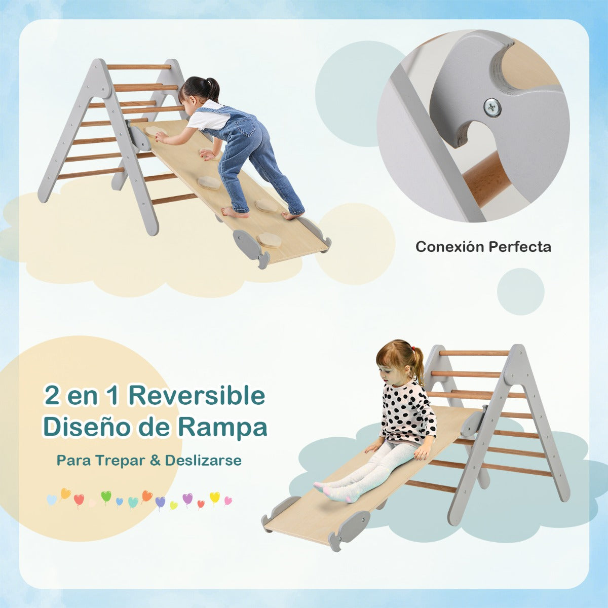 3 en 1 Triángulo de Escalada con Rampa Ajustable para Escalar y Deslizarse Escalador Triangular de Madera Juguetes para Niños Gris