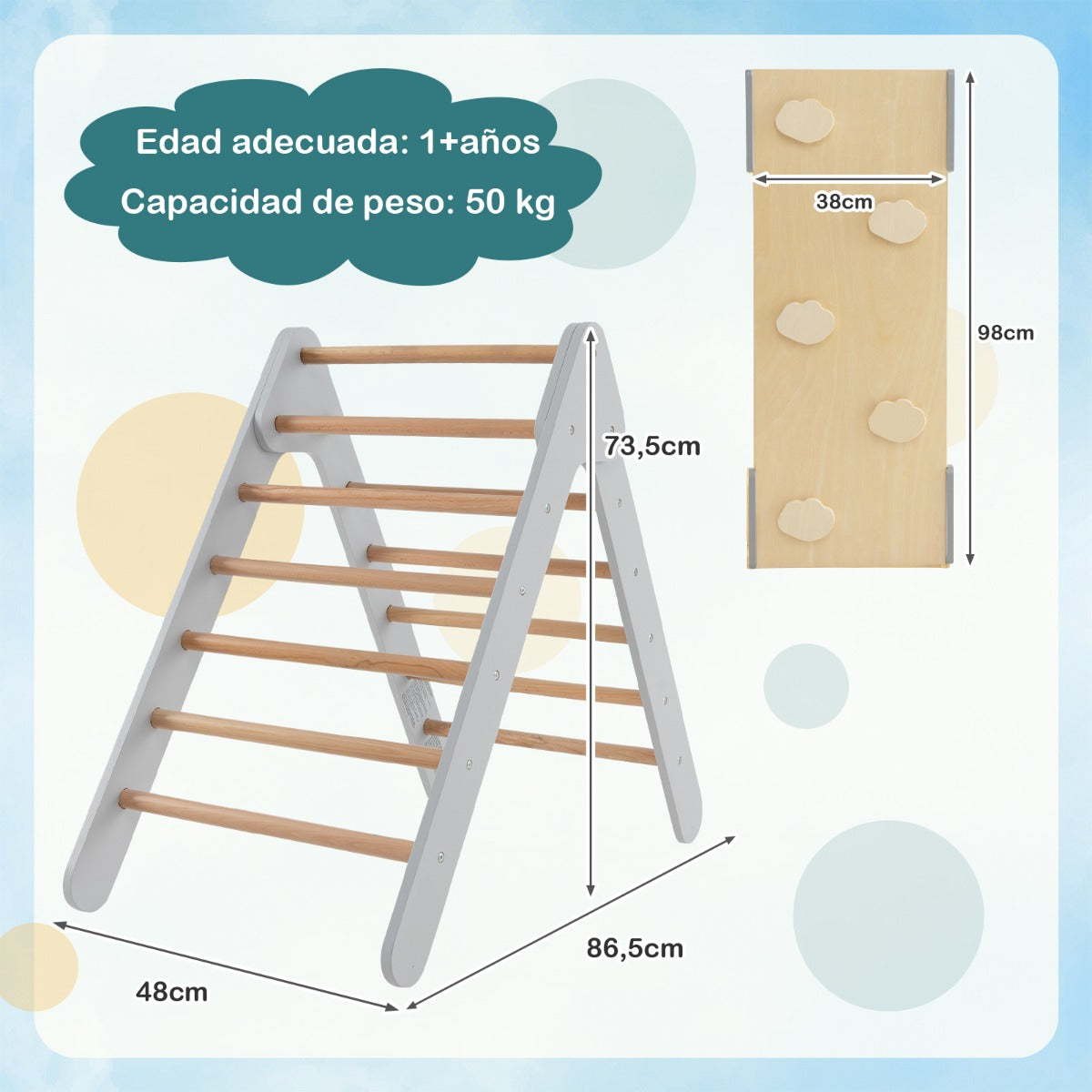 3 en 1 Triángulo de Escalada con Rampa Ajustable para Escalar y Deslizarse Escalador Triangular de Madera Juguetes para Niños Gris