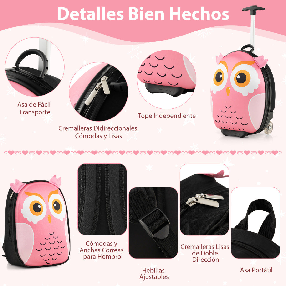 Juego de Maleta para Niños 2 Piezas Equipaje de Viaje 40 cm con Mochila 30 cm Rodante Ligero Portátil Aprobado por Aerolíneas Rosa