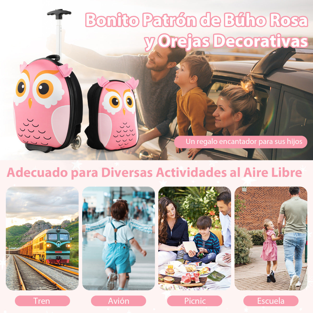 Juego de Maleta para Niños 2 Piezas Equipaje de Viaje 40 cm con Mochila 30 cm Rodante Ligero Portátil Aprobado por Aerolíneas Rosa