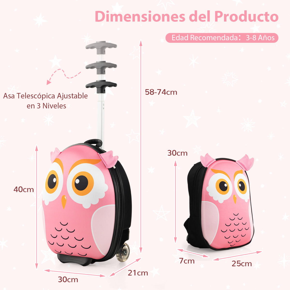 Juego de Maleta para Niños 2 Piezas Equipaje de Viaje 40 cm con Mochila 30 cm Rodante Ligero Portátil Aprobado por Aerolíneas Rosa