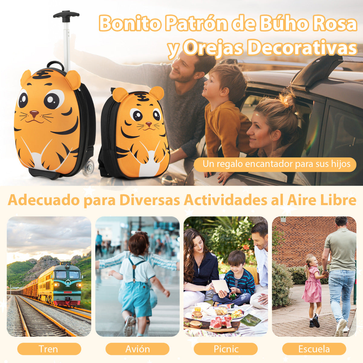 Juego de Maleta para Niños 2 Piezas Equipaje de Viaje 40 cm con Mochila 30 cm Rodante Ligero Portátil Aprobado por Aerolíneas Amarillo
