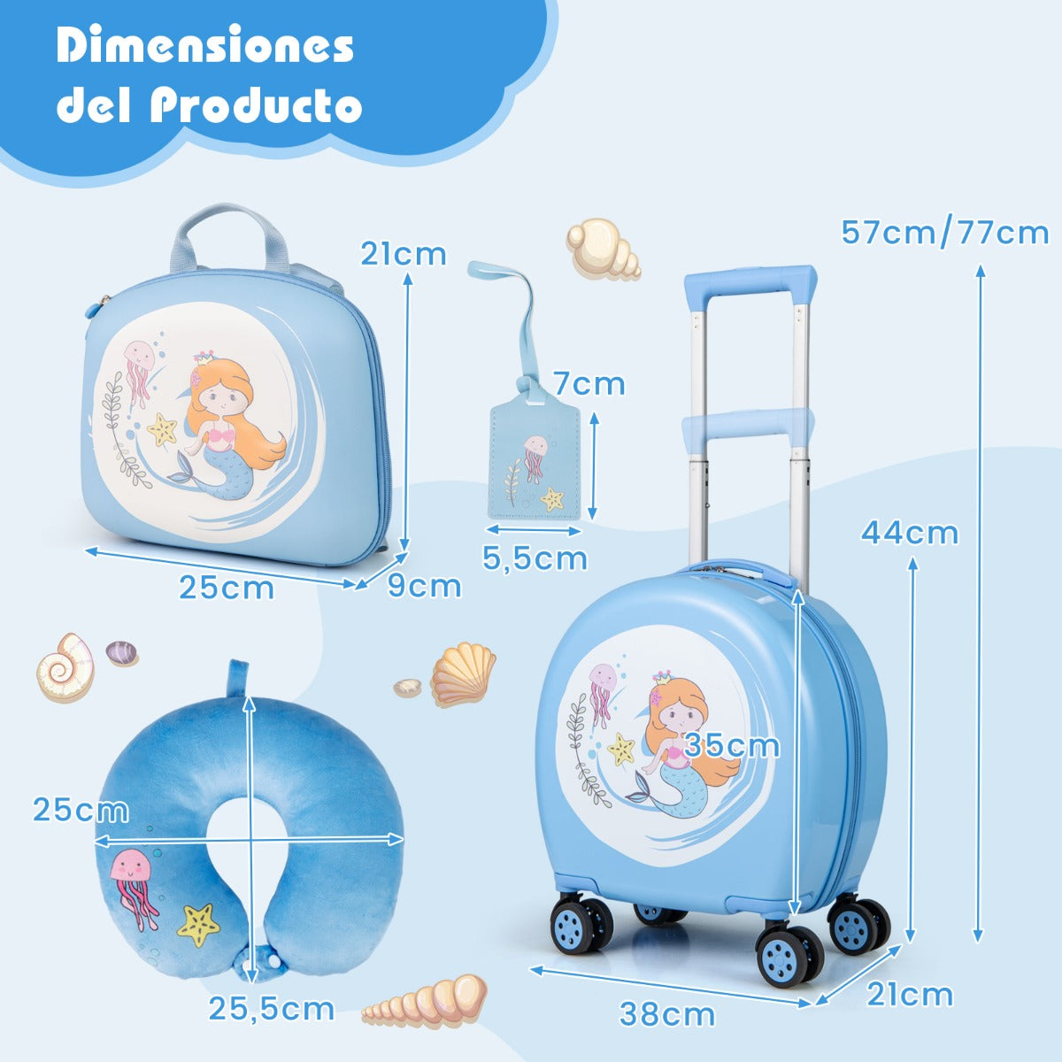 Juego de Maletas para Niños de 4 Piezas con Equipaje de Mano con Ruedas Mochila Almohada para el Cuello Etiqueta para Equipaje Azul