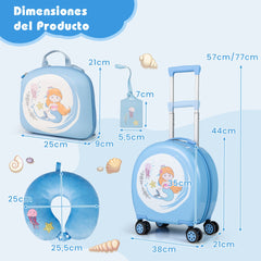 Juego de Maletas para Niños de 4 Piezas con Equipaje de Mano con Ruedas Mochila Almohada para el Cuello Etiqueta para Equipaje Azul