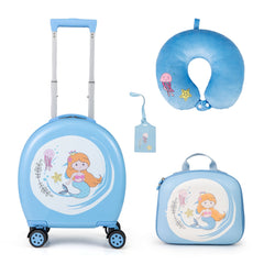 Juego de Maletas para Niños de 4 Piezas con Equipaje de Mano con Ruedas Mochila Almohada para el Cuello Etiqueta para Equipaje Azul