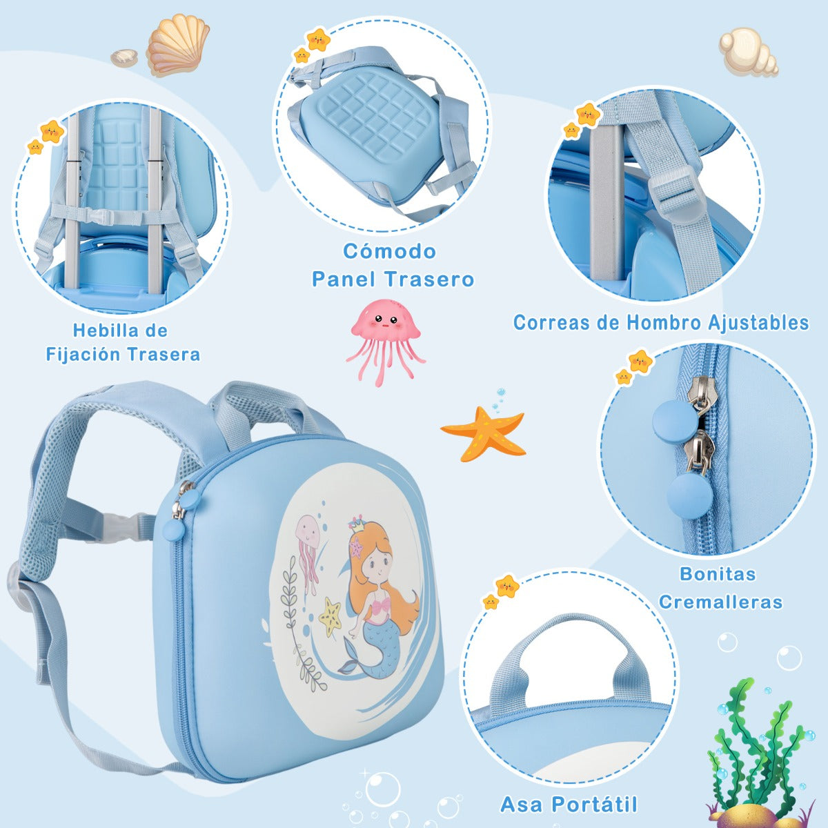 Juego de Maletas para Niños de 4 Piezas con Equipaje de Mano con Ruedas Mochila Almohada para el Cuello Etiqueta para Equipaje Azul