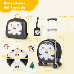 Juego de Maletas para Niños de 4 Piezas con Equipaje de Mano con Ruedas Mochila Almohada para el Cuello Etiqueta para Equipaje Negro