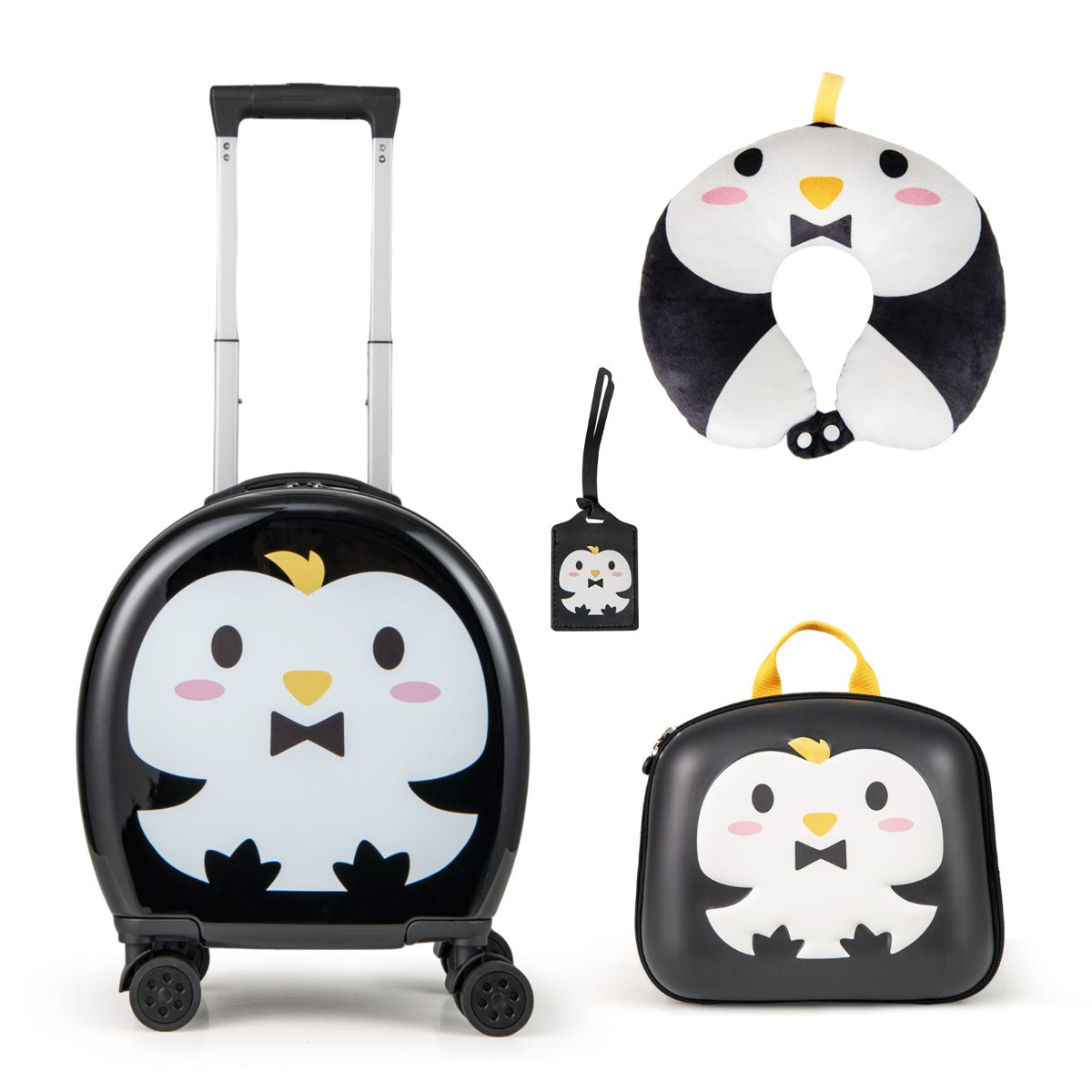 Juego de Maletas para Niños de 4 Piezas con Equipaje de Mano con Ruedas Mochila Almohada para el Cuello Etiqueta para Equipaje Negro