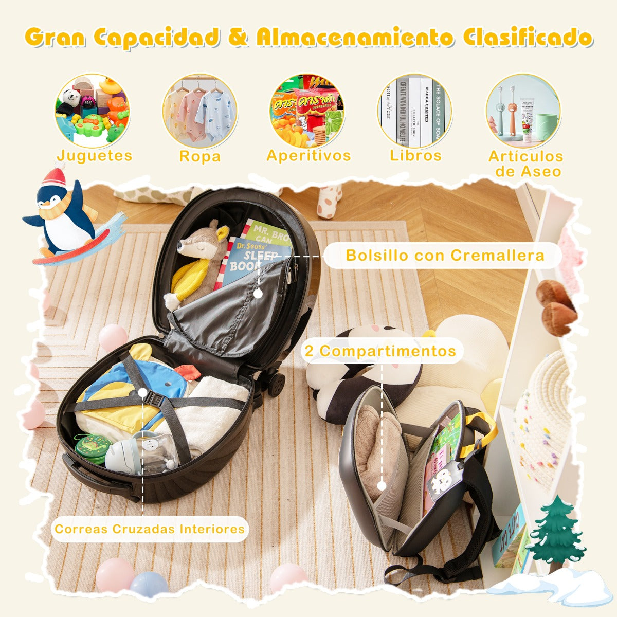 Juego de Maletas para Niños de 4 Piezas con Equipaje de Mano con Ruedas Mochila Almohada para el Cuello Etiqueta para Equipaje Negro