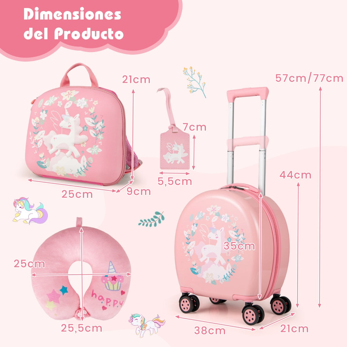 Juego de Maletas para Niños de 4 Piezas con Equipaje de Mano con Ruedas Mochila Almohada para el Cuello Etiqueta para Equipaje Rosa