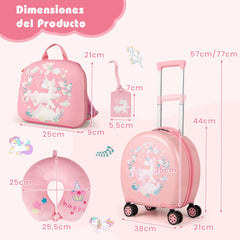 Juego de Maletas para Niños de 4 Piezas con Equipaje de Mano con Ruedas Mochila Almohada para el Cuello Etiqueta para Equipaje Rosa