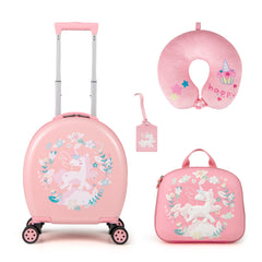 Juego de Maletas para Niños de 4 Piezas con Equipaje de Mano con Ruedas Mochila Almohada para el Cuello Etiqueta para Equipaje Rosa