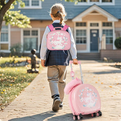 Juego de Maletas para Niños de 4 Piezas con Equipaje de Mano con Ruedas Mochila Almohada para el Cuello Etiqueta para Equipaje Rosa