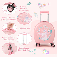 Juego de Maletas para Niños de 4 Piezas con Equipaje de Mano con Ruedas Mochila Almohada para el Cuello Etiqueta para Equipaje Rosa