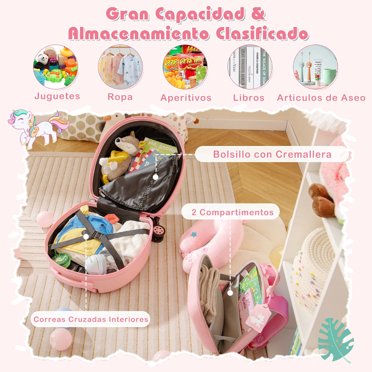 Juego de Maletas para Niños de 4 Piezas con Equipaje de Mano con Ruedas Mochila Almohada para el Cuello Etiqueta para Equipaje Rosa