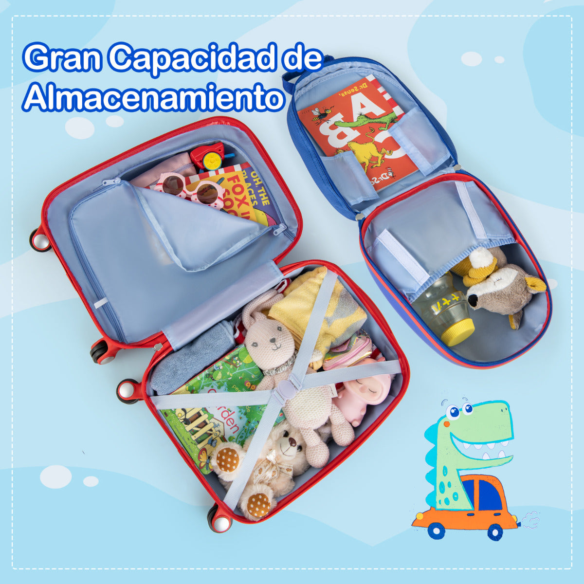 Juego de Maletas para Niños 2 Piezas Maleta y Mochila Dinosaurio Infantil con Ruedas y Asa Retráctil Maletas de Viaje Azul