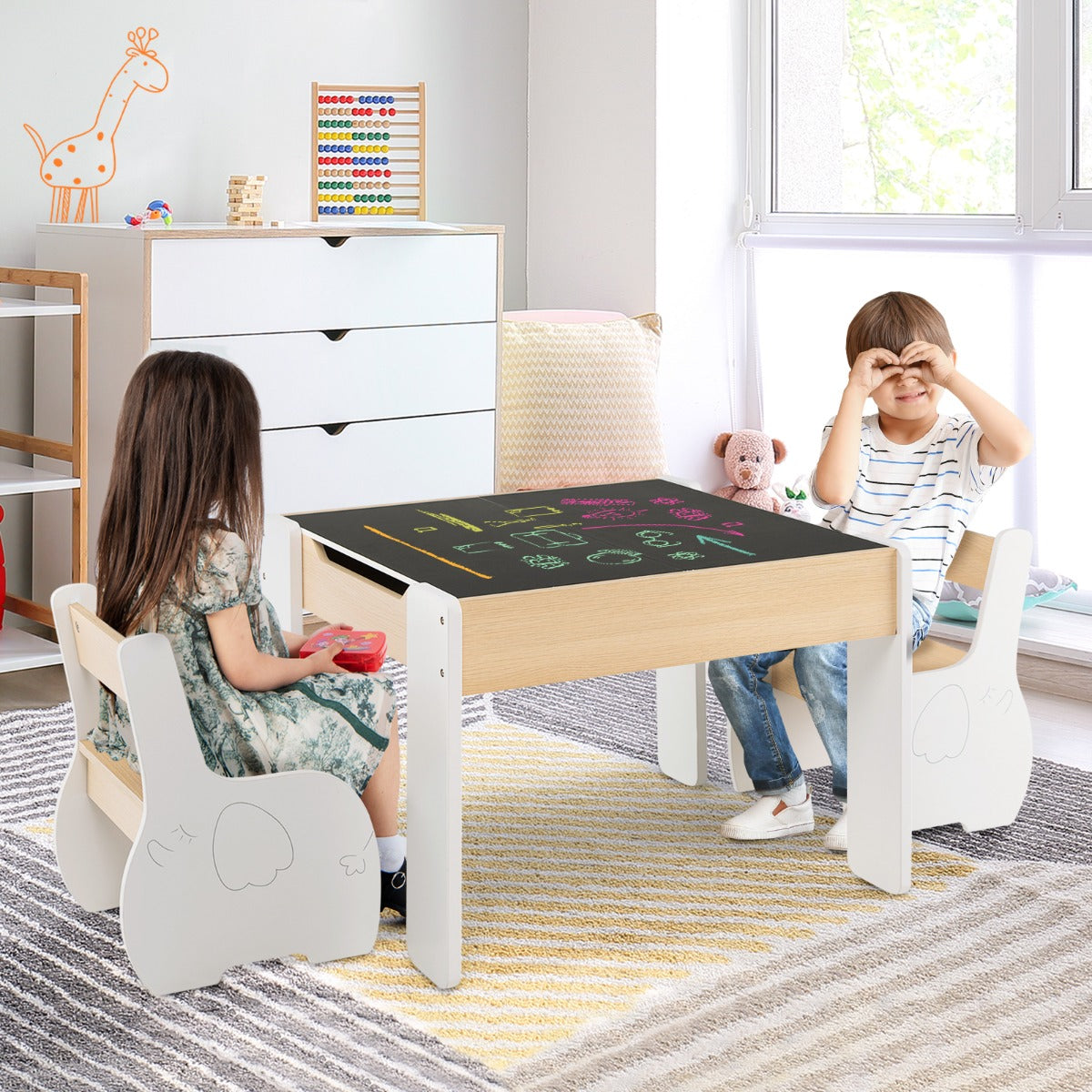 Juego de Mesa y 2 Sillas para Niños Mesa de Actividades de Madera 4 en 1 para Arte Dibujo Lectura Pizarra Desmontable Blanco