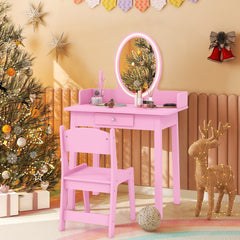 Juego de Tocador de Maquillaje para Niñas con Taburete Espejo Iluminado Iluminación LED de 2 Colores Organizador de Joyas y Cajón Rosa