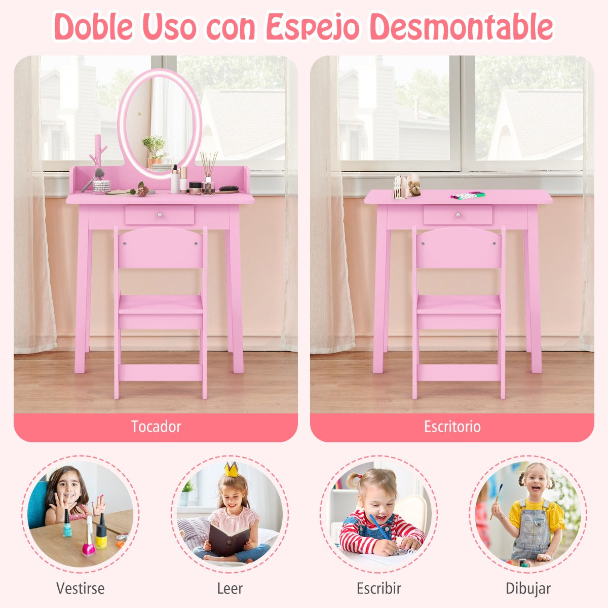 Juego de Tocador de Maquillaje para Niñas con Taburete Espejo Iluminado Iluminación LED de 2 Colores Organizador de Joyas y Cajón Rosa