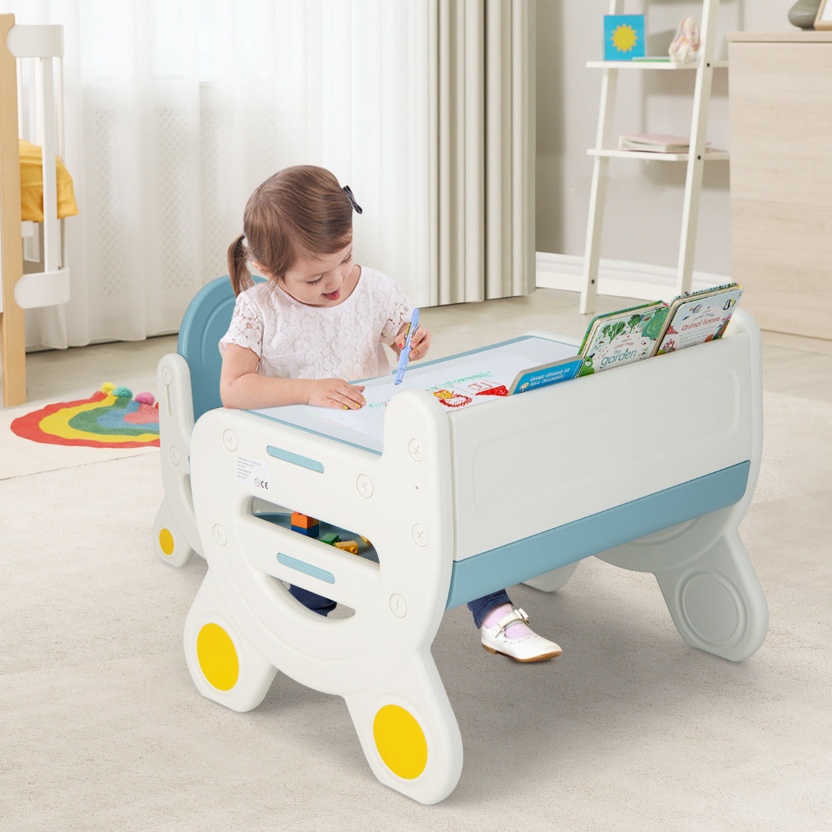 Juego de Mesa y Silla de Dibujo Infantil Set de Mesa de Actividades para Niños con Plumas de Acuarela Borrador de Pizarra Estante Azul