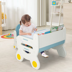 Juego de Mesa y Silla de Dibujo Infantil Set de Mesa de Actividades para Niños con Plumas de Acuarela Borrador de Pizarra Estante Azul
