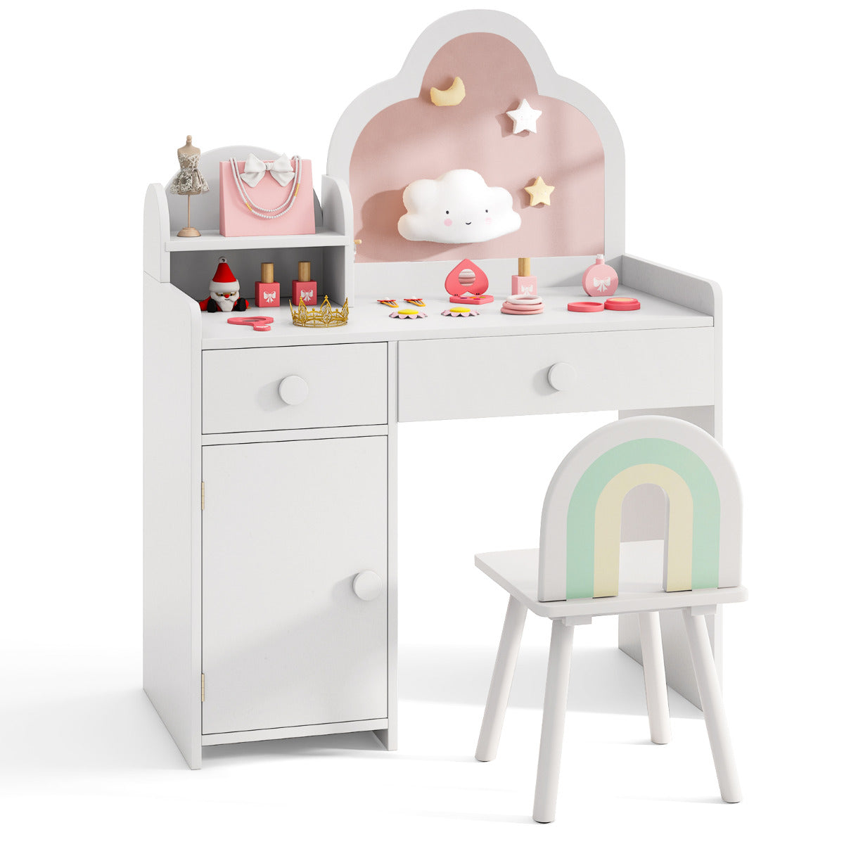 Juego de Mesa y Silla para Niñas Tocador Infantil con Espejo en Forma de Nube Estante Abierto Cajones y Armario Mesa de Maquillaje Blanco