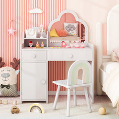 Juego de Mesa y Silla para Niñas Tocador Infantil con Espejo en Forma de Nube Estante Abierto Cajones y Armario Mesa de Maquillaje Blanco